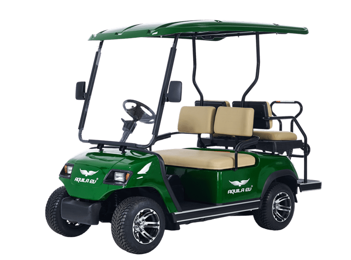 Green four-seater electric golf cart with a beige roof and seats, parked against a transparent background.