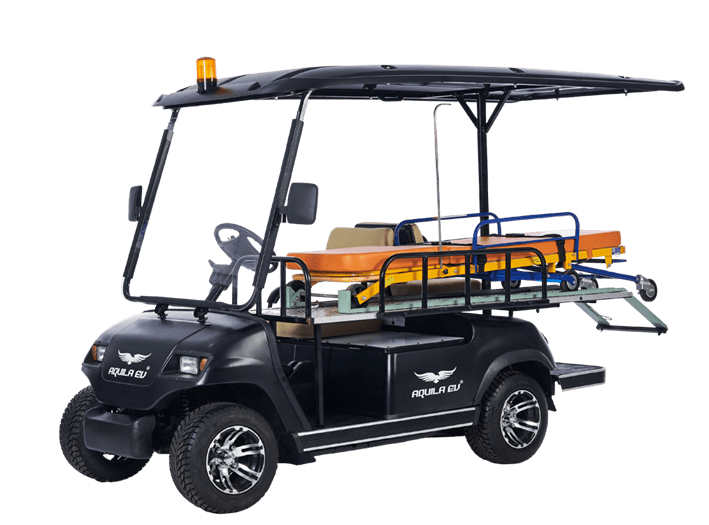 Black two-seater electric golf cart with canopy and rear cargo bed, isolated on a transparent background.