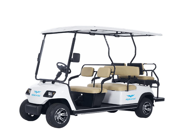 White six-seater electric golf car with a canopy, featuring modern design elements and positioned against a transparent background.