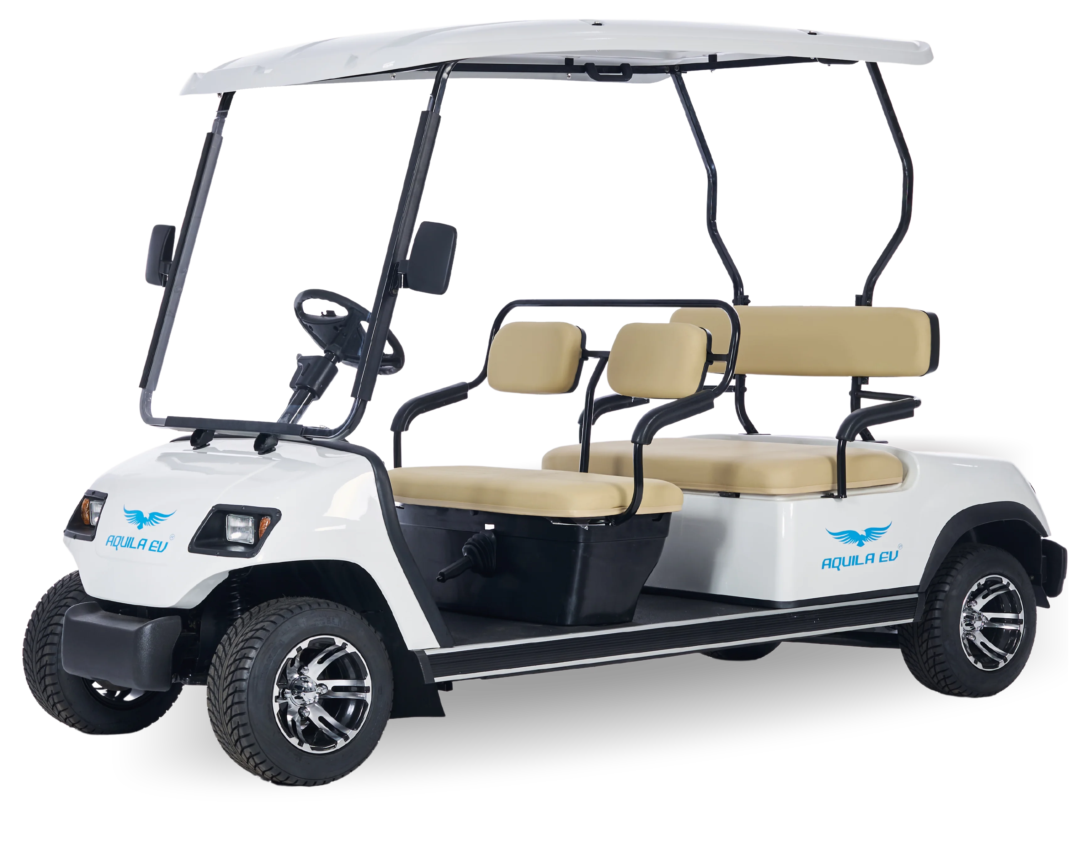 A modern electric golf cart with four seats and a canopy, featuring blue bird logos and equipped with headlights.