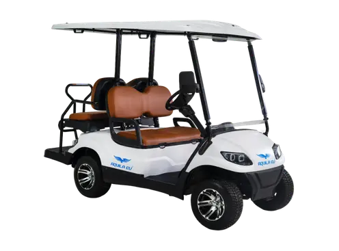 Green four-seater electric golf cart with a beige roof and seats, parked against a transparent background.