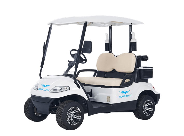 White 2-seater electric golf cart with beige seats and a roof, featuring a logo of a blue bird on the side.