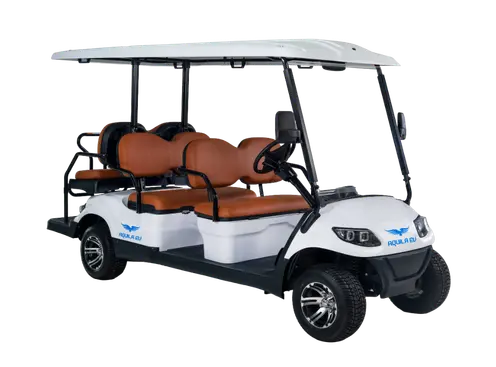 White six-seater electric golf car with a canopy, featuring modern design elements and positioned against a transparent background.
