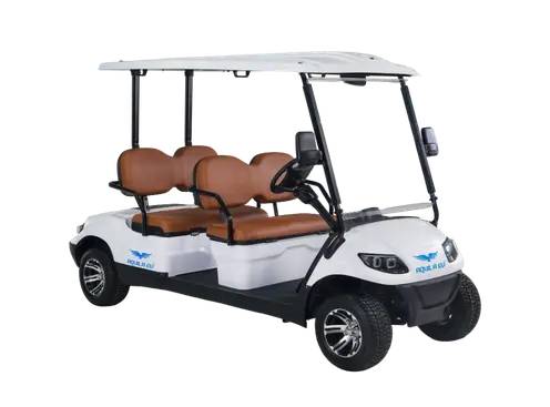 A white, 4 Person Electric Golf Cart with a logo on the front and a canopy over the top.