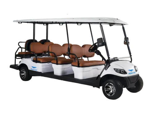 White eight-seater electric golf buggy cart with a canopy and off-road tires, isolated on a transparent background.