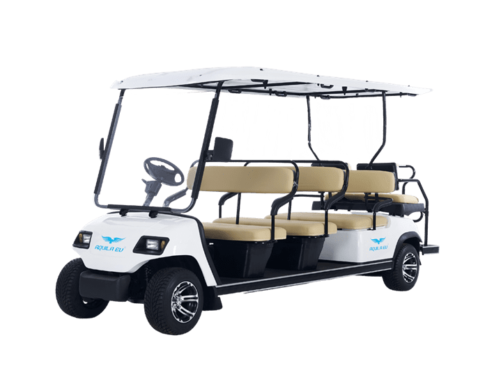 White eight-seater electric golf buggy cart with a canopy and off-road tires, isolated on a transparent background.