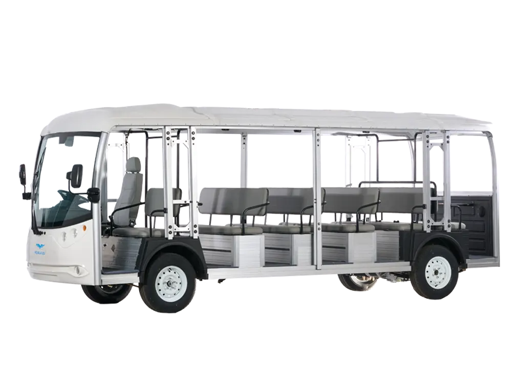 Cutaway view of a white 23 seater electric mini bus showing the interior layout including seats and side panels.