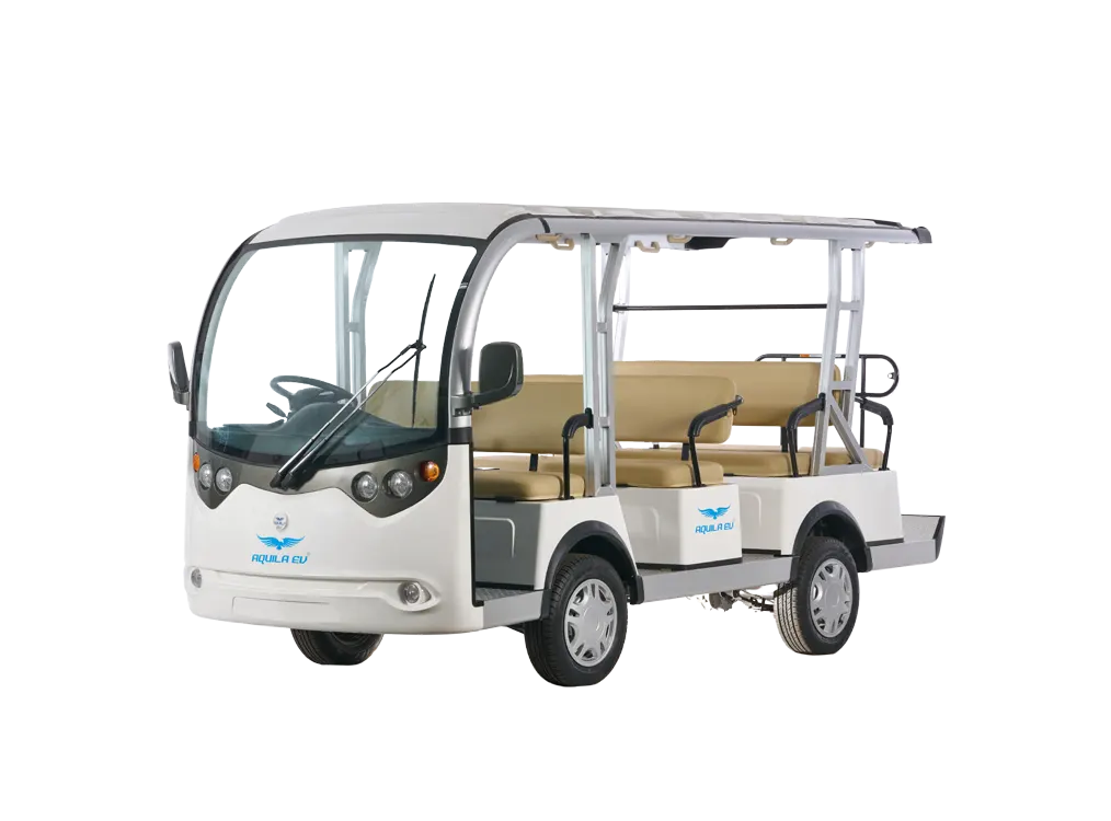 Electric 11-seater shuttle bus with open sides and two rows of seating, parked and isolated on a white background.
