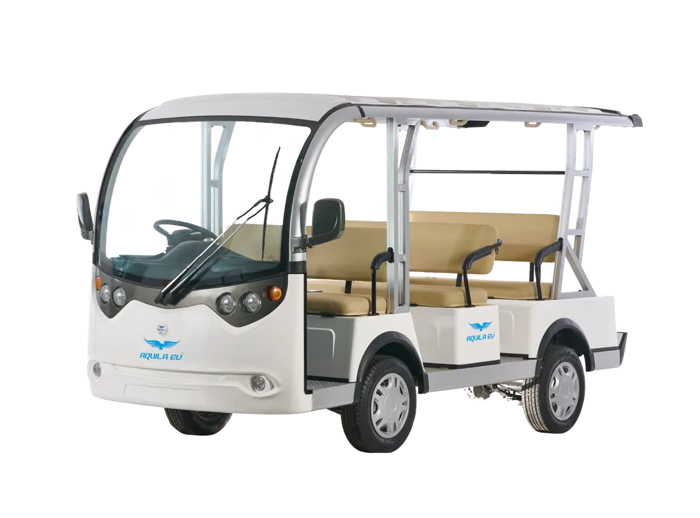 White electric 8 seater minibus with open sides, featuring two rows of passenger seats, parked against a plain background.
